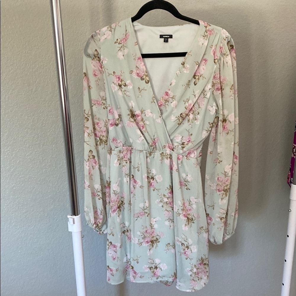 Express Gray and Green Long Sleeve Sundress